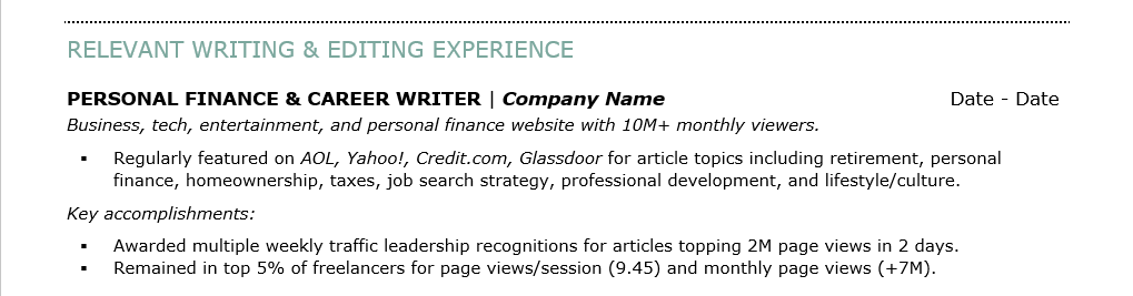 The experience section of a resume showing experience as a finance and career writer