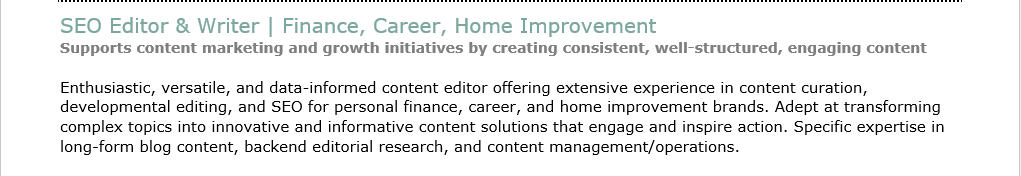 The summary section of Lauren Hamer's resume describing her editorial offeringsc