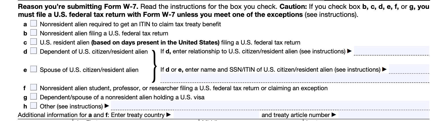 Part of blank Form W-7 with checkboxes for reasons for submitting