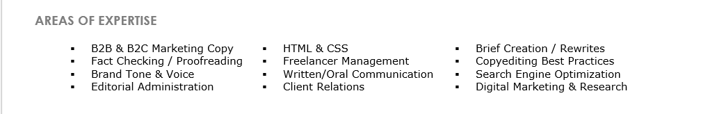 The skills section of a resume, showing various editorial and marketing skills in bullet pointsb