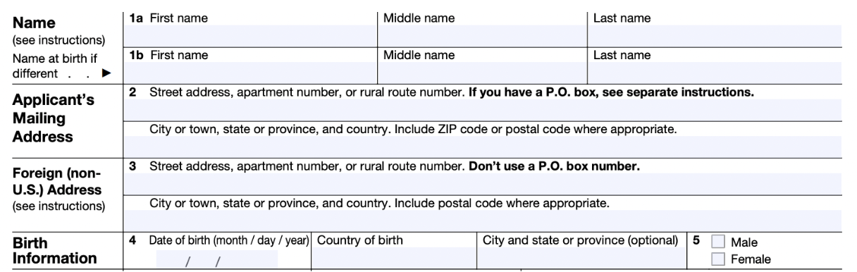 Part of a blank Form W-7 showing spaces for the submitter's personal info
