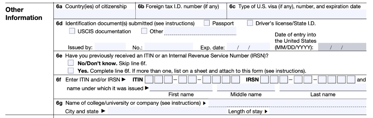Part of a blank Form W-7 showing fields for "Other Information"