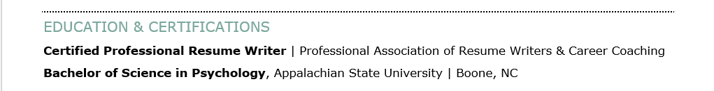 The education section of a resume showing a BS degree and a professional certification