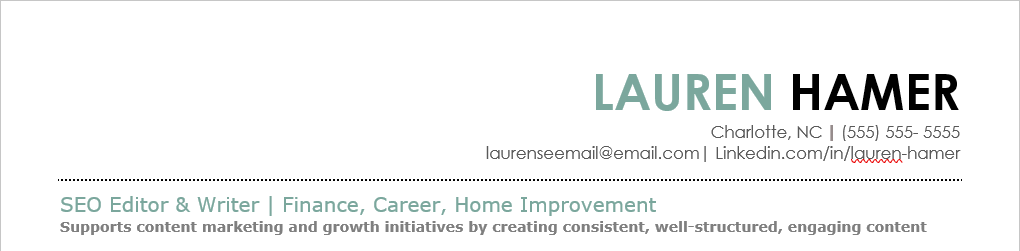 The header of Lauren Hamer's resume, showing that she's an SEO Editor & Writer