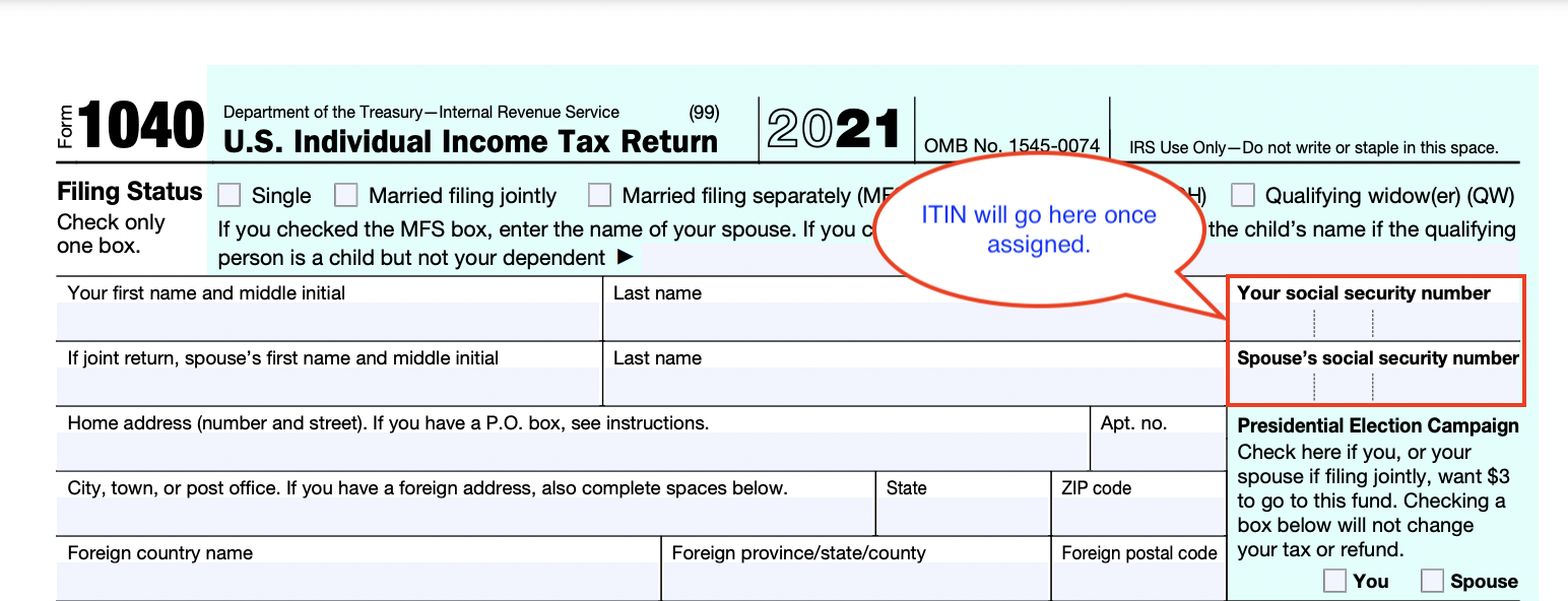 Top of a blank Form 1040 with boxes for SSN and spouse's SSN circled in red