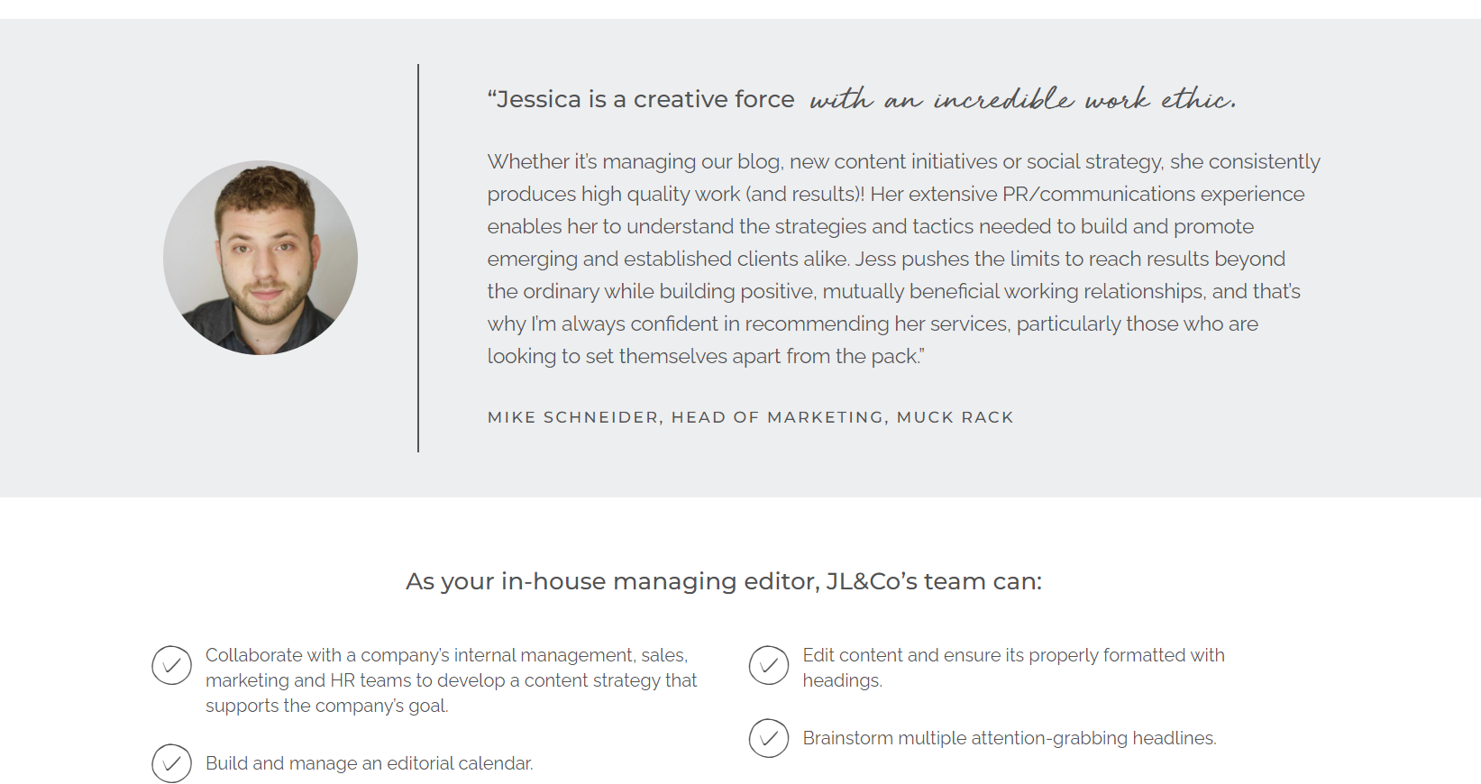 Client testimonial displayed on freelance managing editor Jessica Lawlor's website