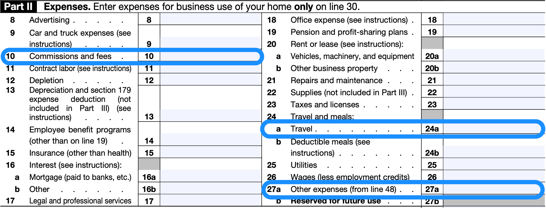 Part II of a blank Schedule C with lines 10, 24a, and 27a circled in blue