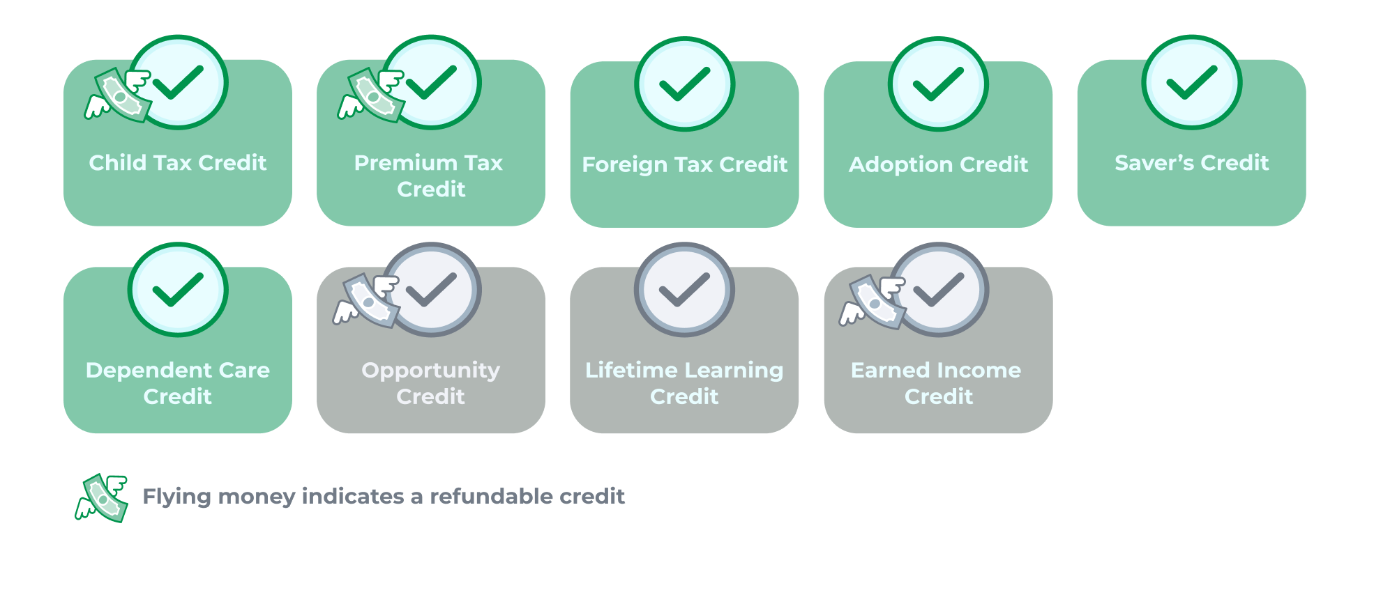Nine cutes representing the major individual tax credits, three are grayed out indicating nonresidents can't claim them.