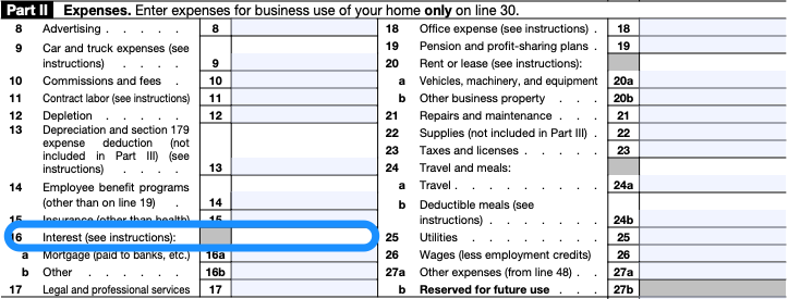 Blank Schedule C with box 16, for "Interest," circled in blue