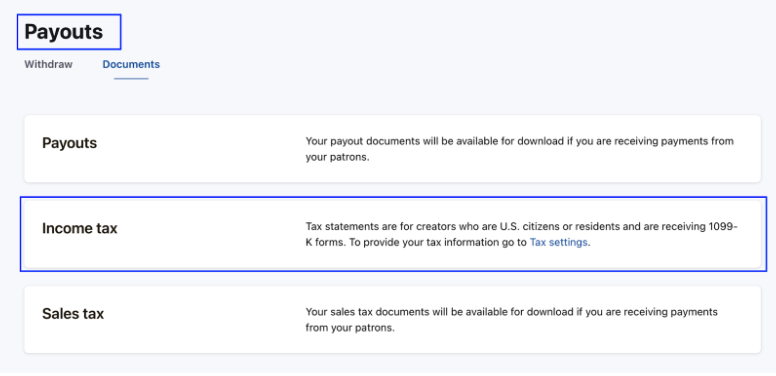 Screenshot of Patreon's Payouts tab. "Income Tax" is circled in blue.
