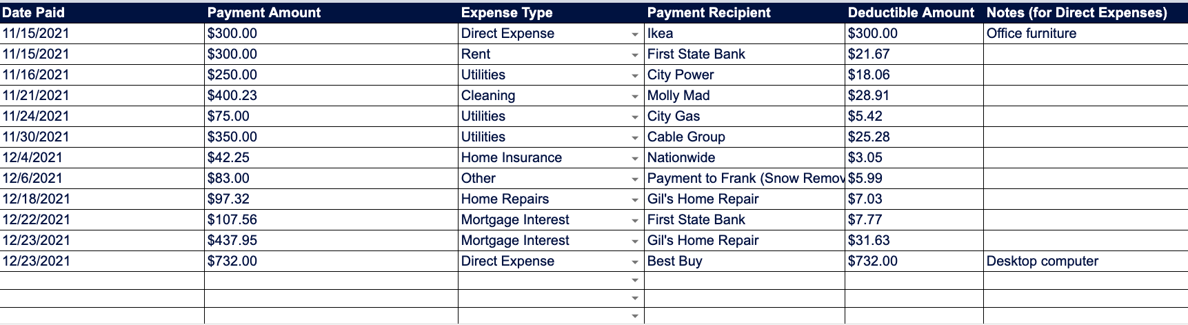 Screenshot showing where you can enter individual home office expenses