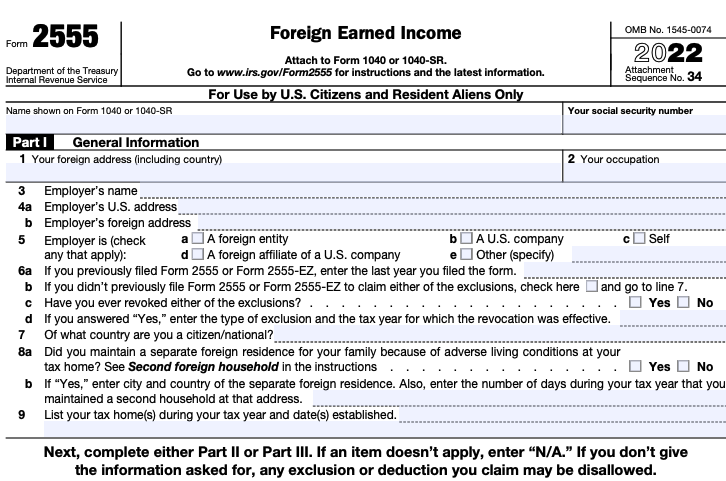Part of a blank Form 2555, for the Foreign Earned Income Exclusion