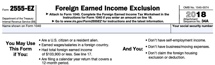Part of a blank Form 2555-EZ, the short version of the Foreign Earned Income Exclusion Form