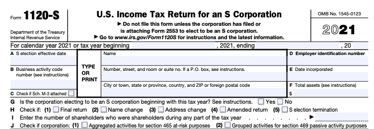 Part of a blank Form 1120-S, for U.S. Income Tax Return for an S Corporation