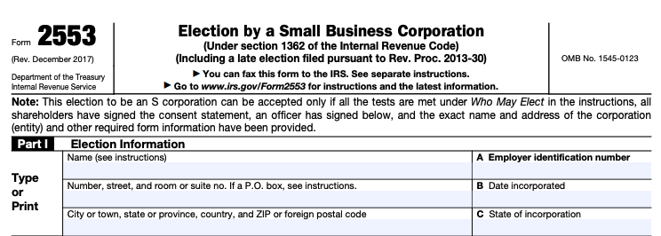 Part of a blank Form 2553, for Election by a Small Business Corporation