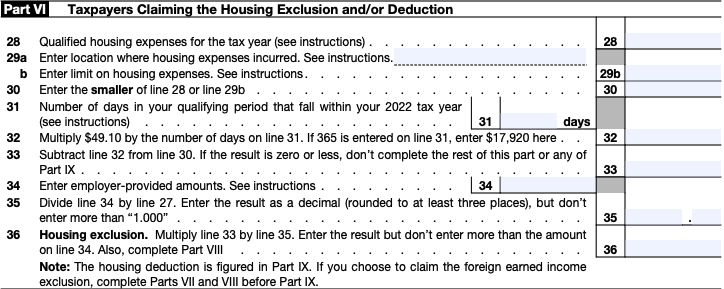 Part VI of a blank Form 2555, for the Foreign Housing Exclusion and Deduction