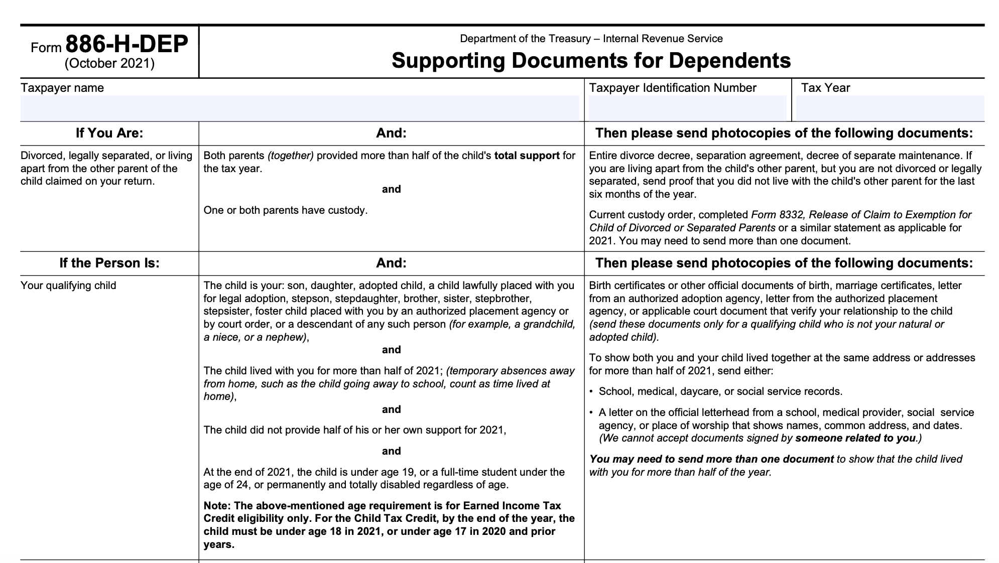 Part of a blank Form 886-H-DEP, Supporting Documents for Dependents