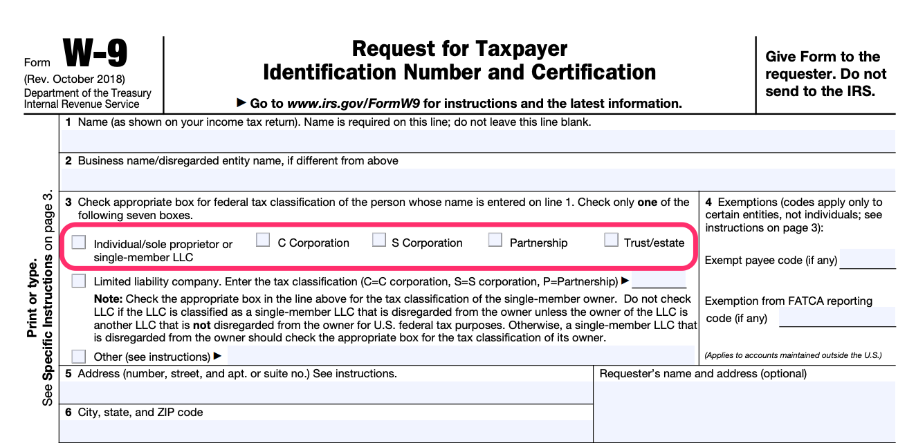 Part of a blank W-9 form, with the checkboxes for tax classification in box 3 circled in pink