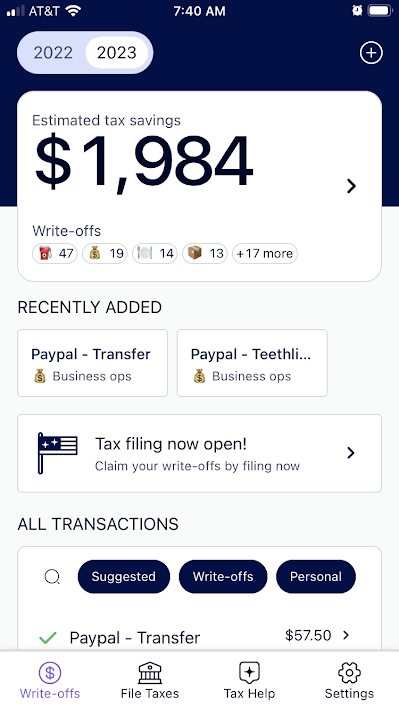 The Keeper app's home screen, showing $1,984 in estimated tax savings for 2023