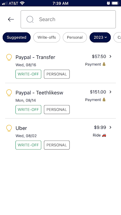 Three new transactions in the Keeper app from PayPal and Uber, with the option to mark each as "write-off" or "personal"