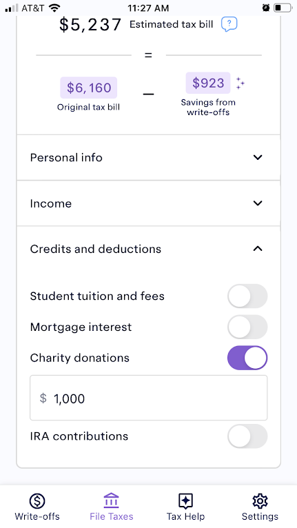 Keeper's in-app tax filing experience, showing $923 in savings applied to an original tax bill of $6,160