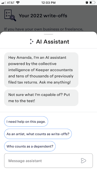 Messages from Keeper's AI Assistant, accessible when filing taxes through the app