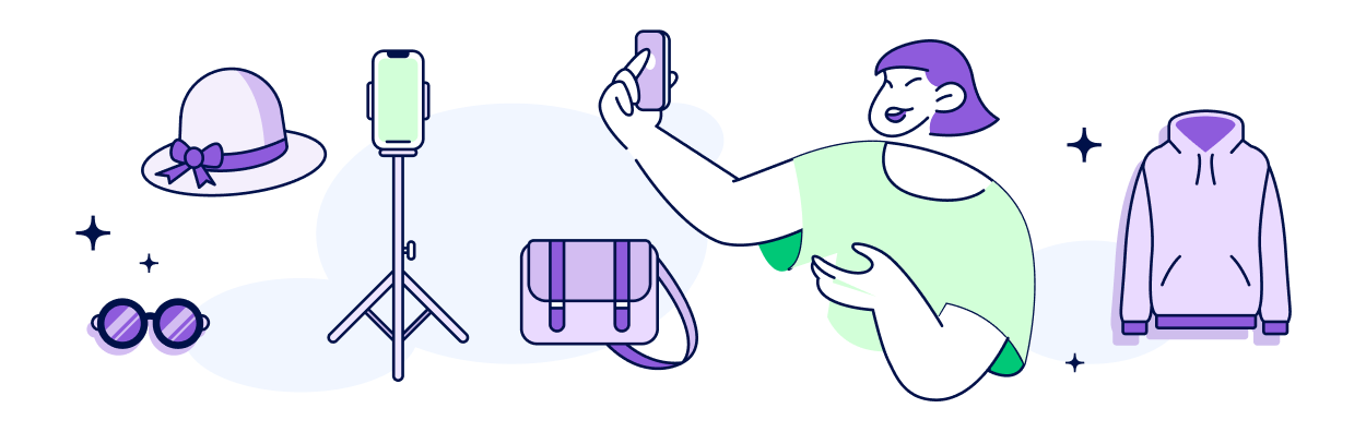 influencer-related images: a fancy hat, a pair of sunglasses, a phone on a tripod, a messenger bag, a person holding up their phone for a selfie, a purple sweatshirt