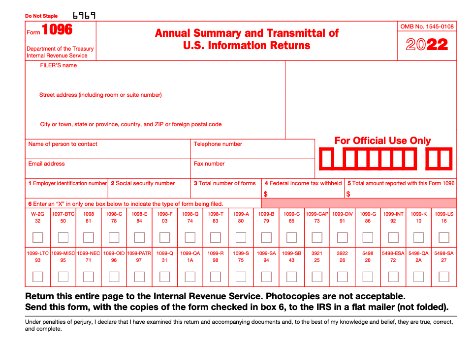 The top portion of a blank Form 1096, showing its red-inked appearance