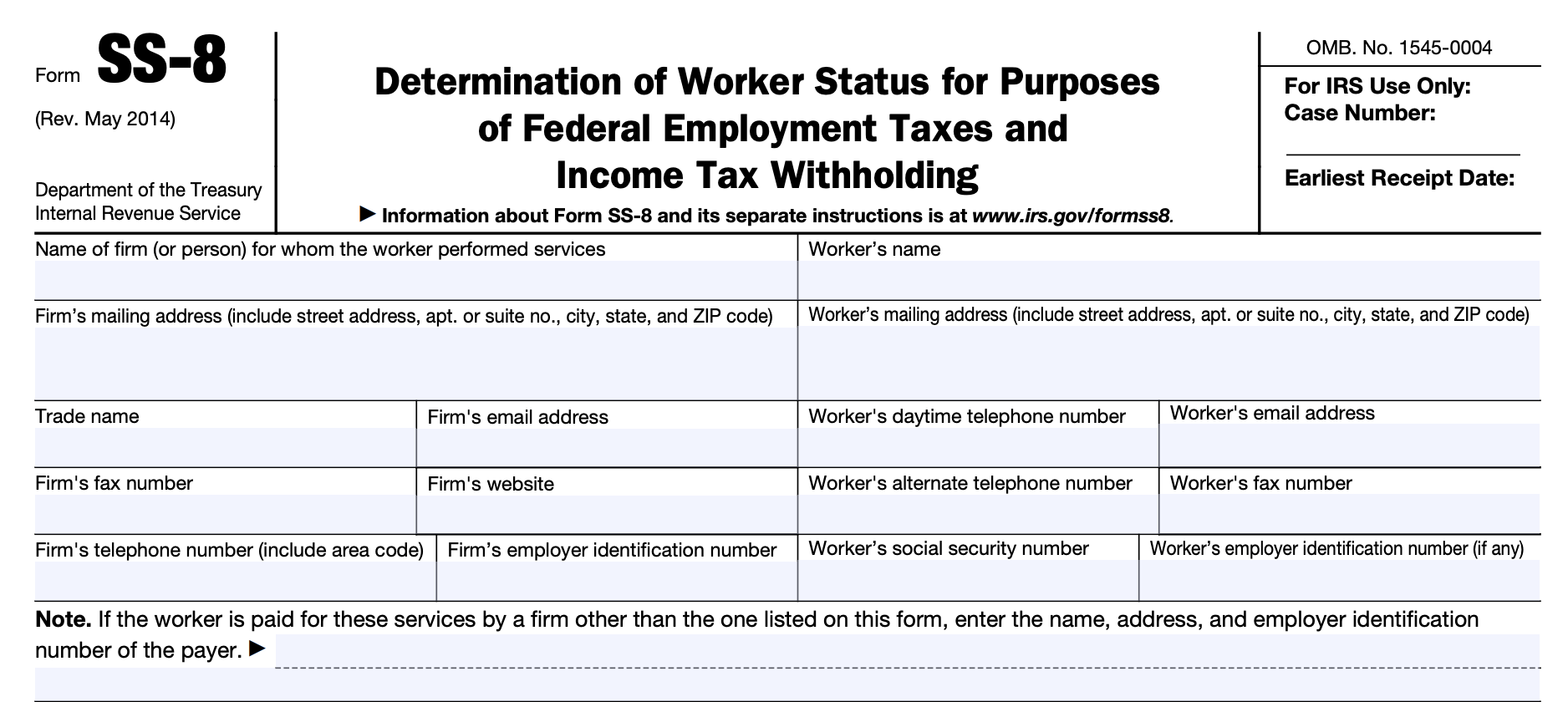 The top portion of a blank Form SS-8, sent to the IRS to determine whether a work is an employee or an independent contractor