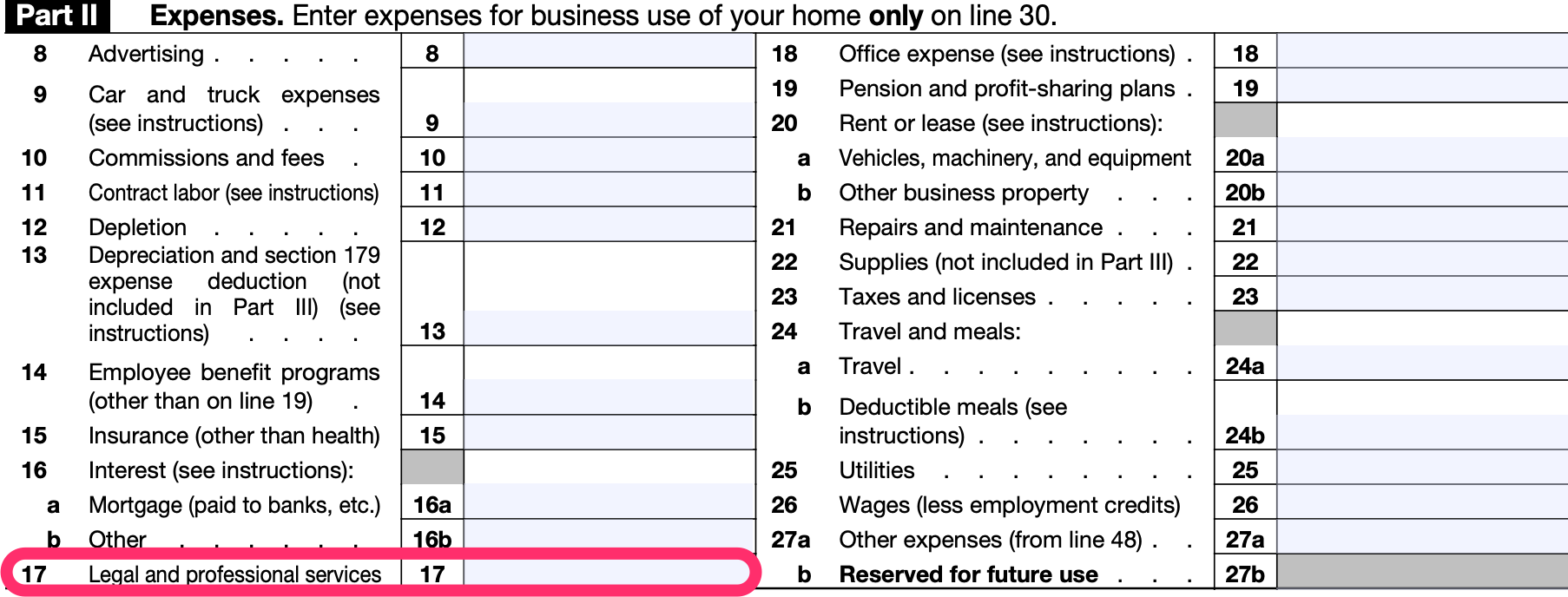 Part II of a blank Schedule C with box 17, for "Legal and professional services," circled in pink