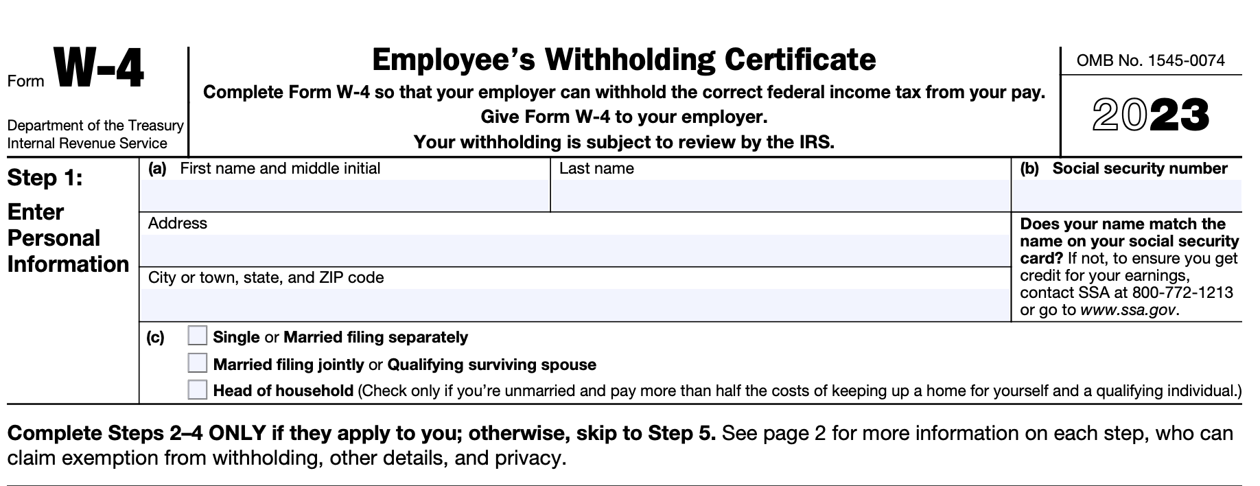 Part of a blank Form W-4, used to adjusting withholding from a W-2 job