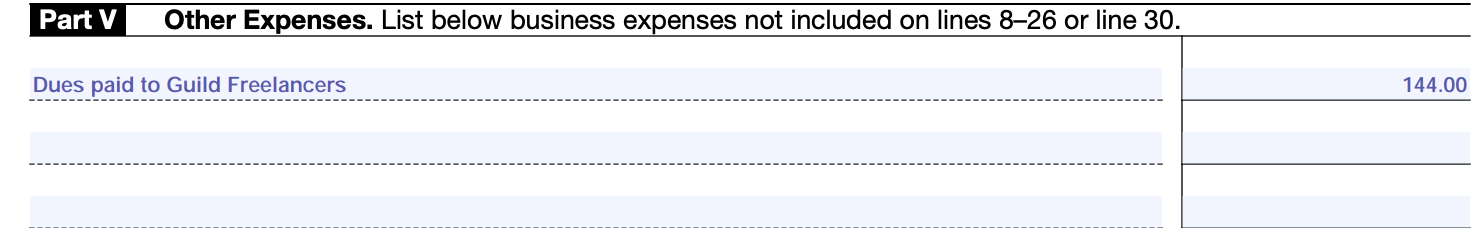 Part V of a Schedule C, showing an expense of $144.00 for "Dues paid to Guild Freelancers"