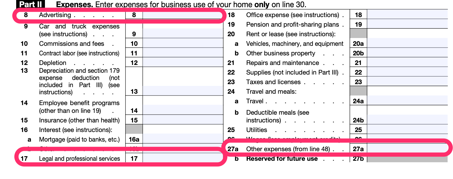 Part II of a blank Schedule C, with line 8 for "Advertising," line 17 for "Legal and professional services," and line 27a, for "Other expenses" circled in pink