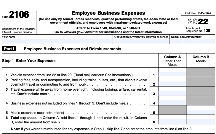 Part of a blank Form 2106, for "Employee Business Expenses"