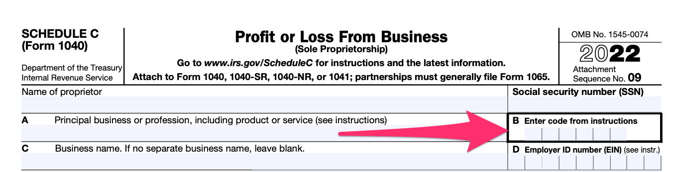 The top part of a blank Schedule C, with a pink arrow pointing to box B, where the taxpayer's NAICS code is entered.