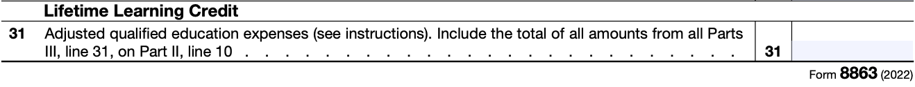 Line 31 of a blank Form 8863, used to report expenses qualifying for the Lifetime Learning Credit