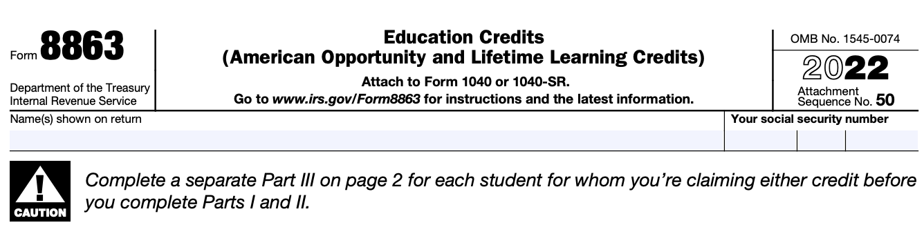 The top portion of Form 8863, for Education Credits