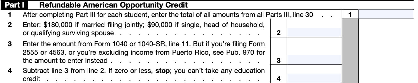 Part 1 of a blank Form 8863, for the Refundable American Opportunity Credit