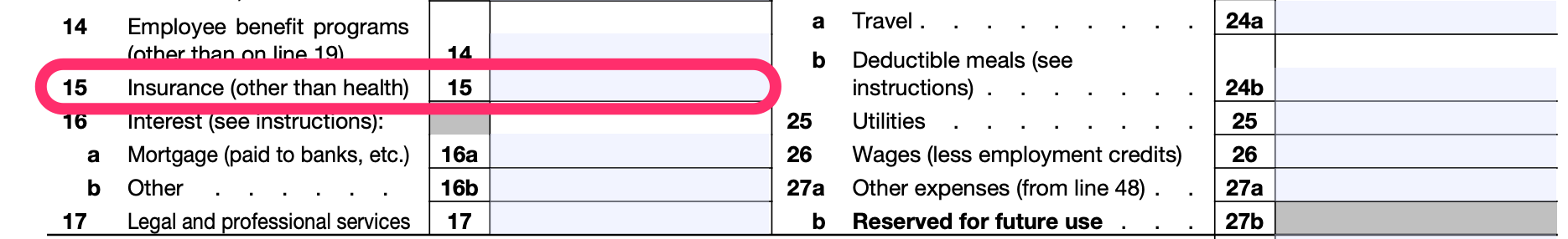 Part of a blank Schedule C, with line 15, for "Insurance (other than health" circled in pink