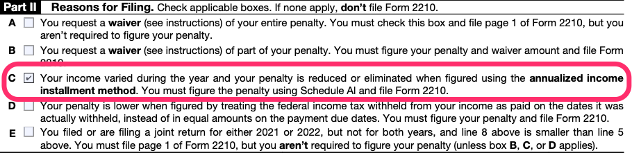 Part II of a Form 2210, with box C checked and circled in pink.