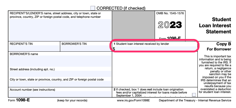 Copy B of a blank Form 1098-E, sent to student loan borrowers, with box 1, for student loan interest received by lender, circled in pink