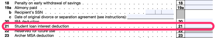A portion of Part II of a blank Schedule 1, which line 21, for student loan interest deduction, circled in pink