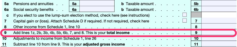 Part of a blank Form 1040 with line 9, for total income, circled in pink