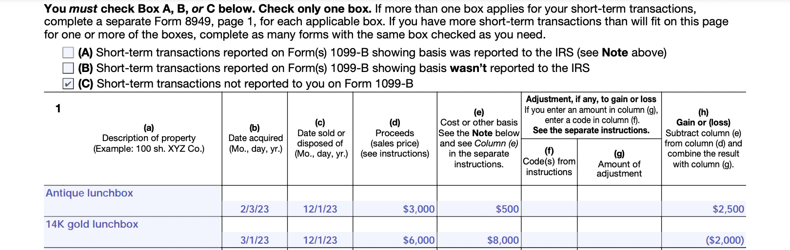 a filled-out Part 1 of Form 8949 depicting the sale of two valuable lunchboxes
