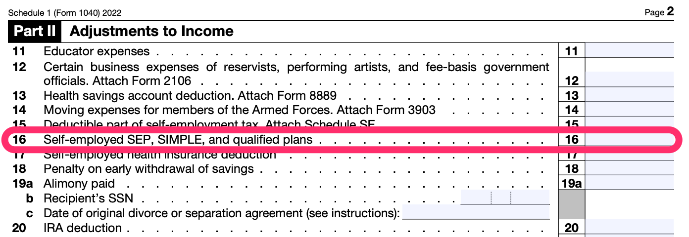 Part II of a blank Schedule 1, with line 16, for self-employed SEP, SIMPLE, and qualified plans, circled in pink