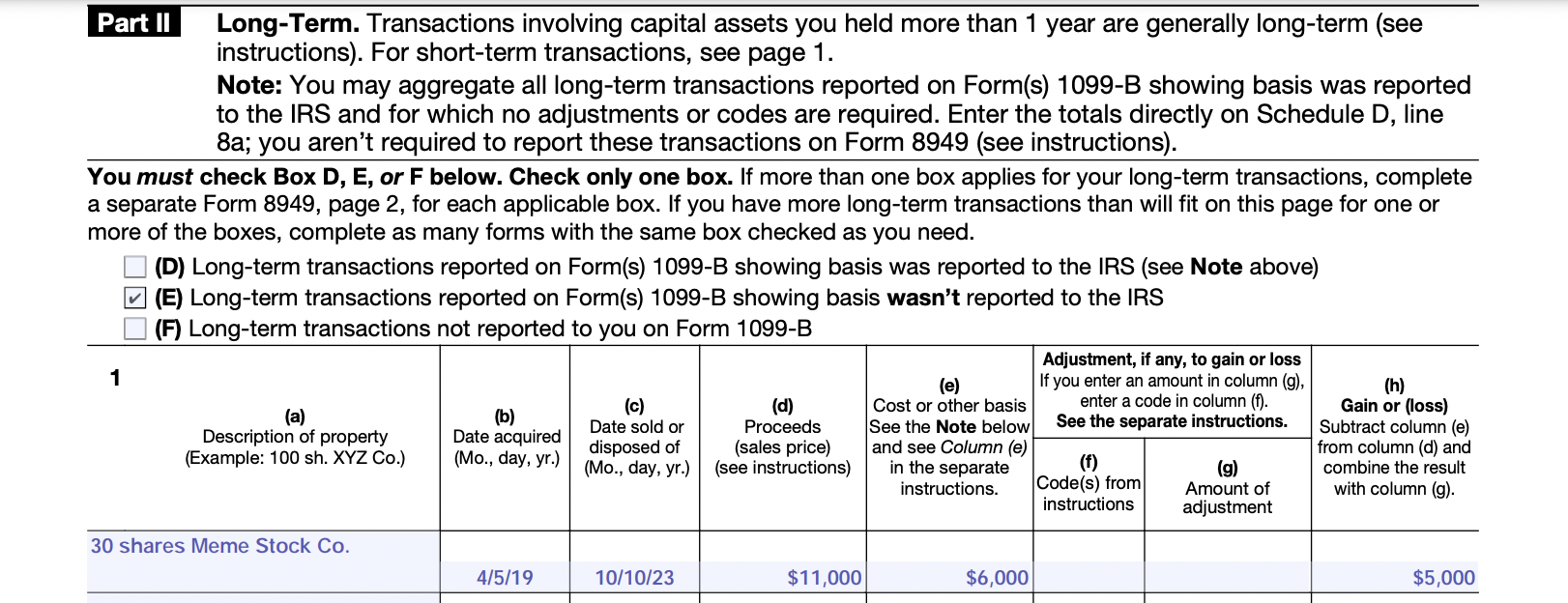 Section 1 of Part 2 of Form 8949