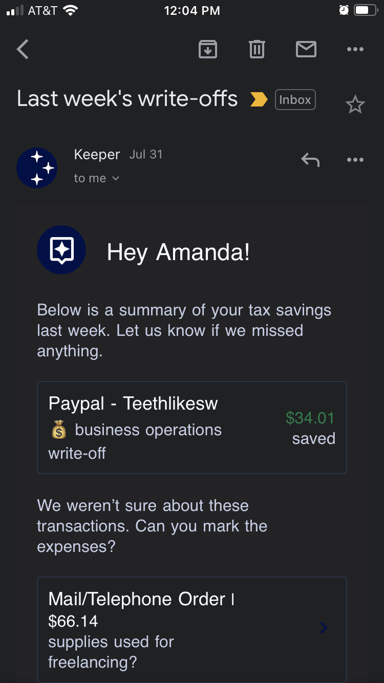 A weekly email from Keeper showing a newly added write-off from PayPal and a telephone order to be categorized