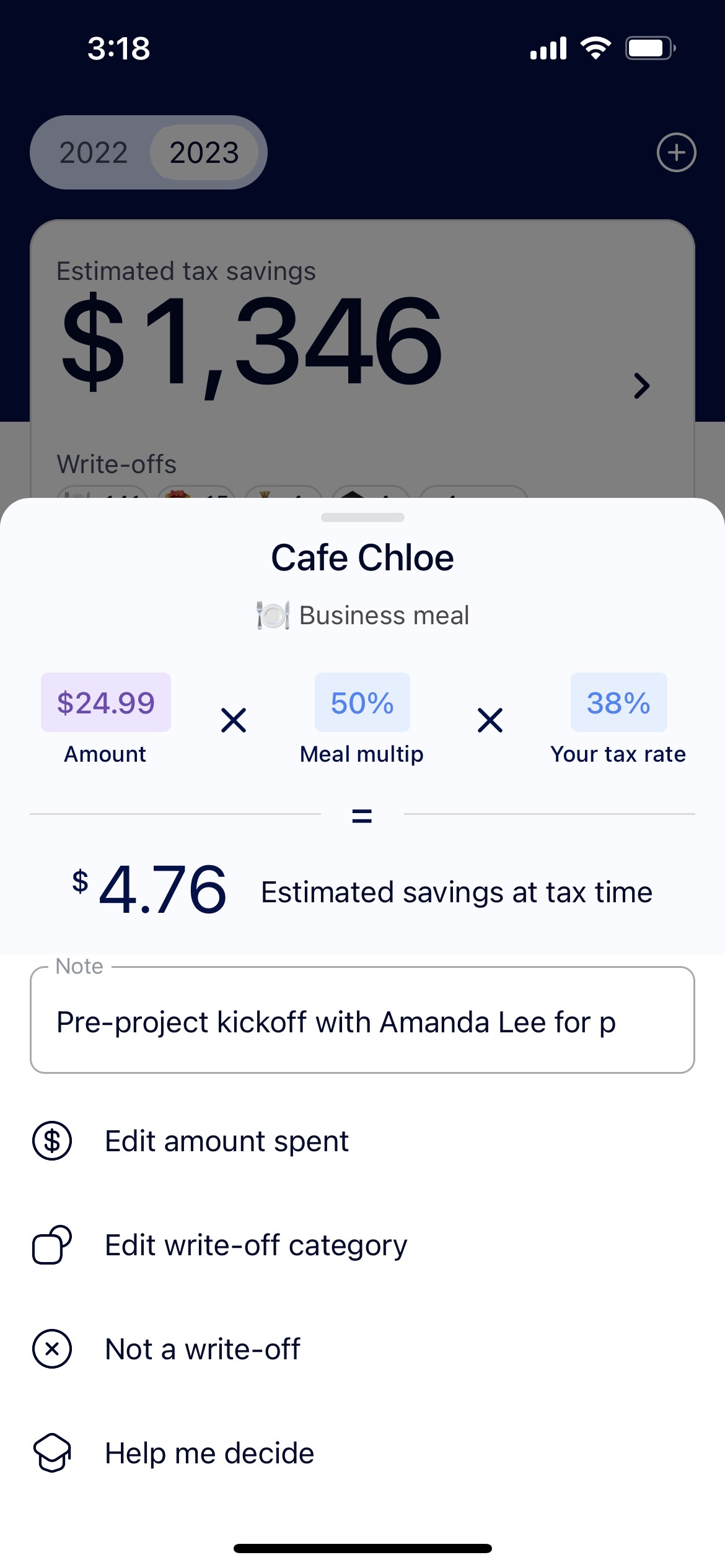 Screen from the Keeper app showing a note added to a cash expense of 24.99 for a business meal at Cafe Chloe