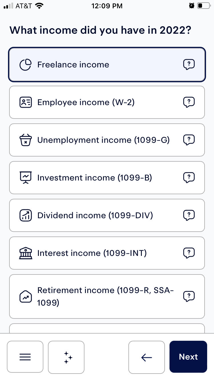 Entering income sources when filing taxes through Keeper. "Freelance income" is selected