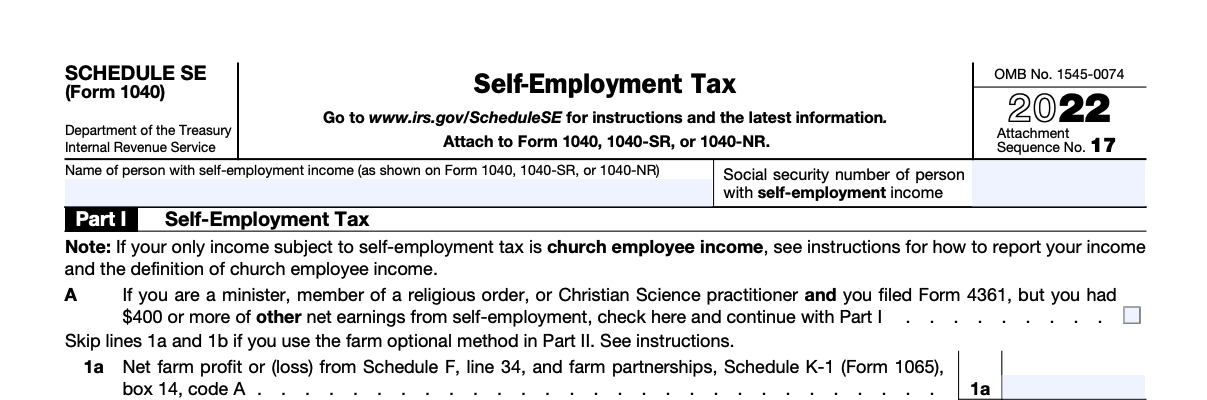 The top part of a blank Schedule SE, used to calculate self-employment tax